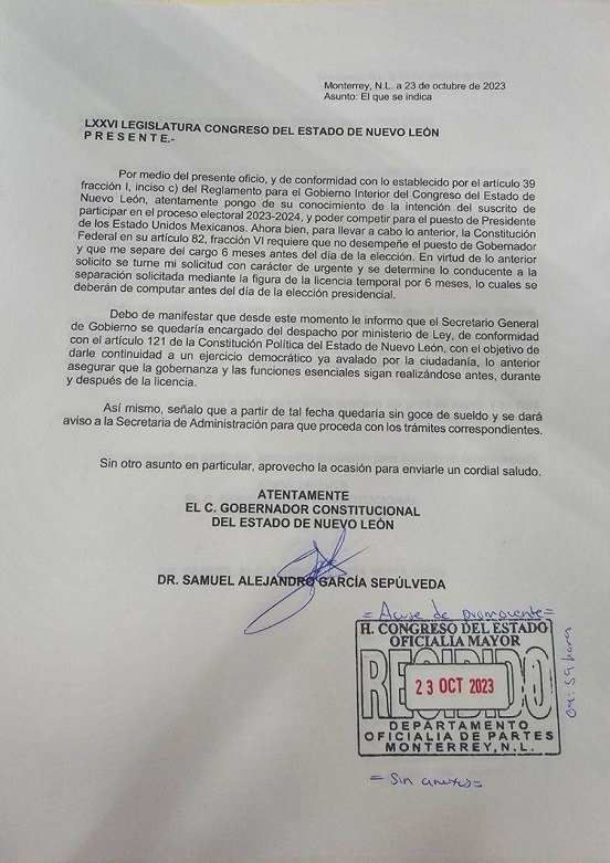 Samuel García pide licencia en NL para ser candidato presidencial de MC