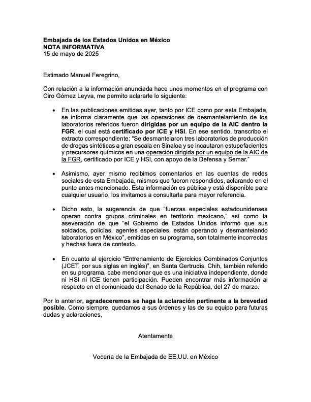 Desmiente EU que elementos de seguridad participen en operativos en Sinaloa