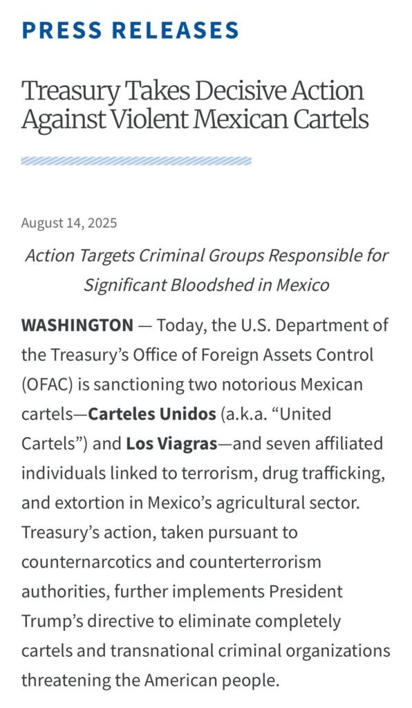Sanciona EU a dos cárteles mexicano y 7 personas por vínculos con terrorismo. narco y extorsión