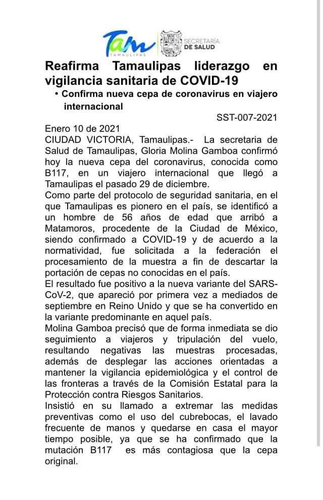 Detectan nueva cepa de Covid-19 en Tamaulipas