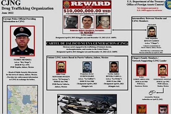 Estados Unidos designa a 6 mexicanos en lista negra por vínculos con el Cártel Jalisco Nueva Generación (CJNG). Así el Departamento del Tesoro por medio de la Oficina de Control de Activos Extranjeros (OFAC), actualizó su lista negra de mexicanos relacionados con el narcotráfico. Incluso se señala que uno de los de la lista es jefe de policía de policía en Jalisco. CJNG Y es que este jueves, la Oficina de Control de Activos Extranjeros (OFAC por sus siglas en inglés) del Departamento del Tesoro incluyó en dicha lista a: Por una parte a Severo Flores Mendoza, jefe de la policía municipal de Ameca, en Jalisco. Además de Julio César Montero Pinzón, con relación a actividades criminales en Puerto Vallarta.