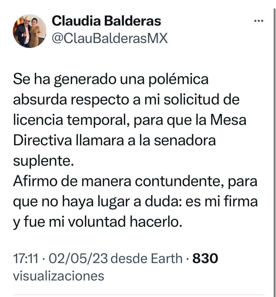 Senadora con licencia Claudia Balderas aclara dudas de su solicitud