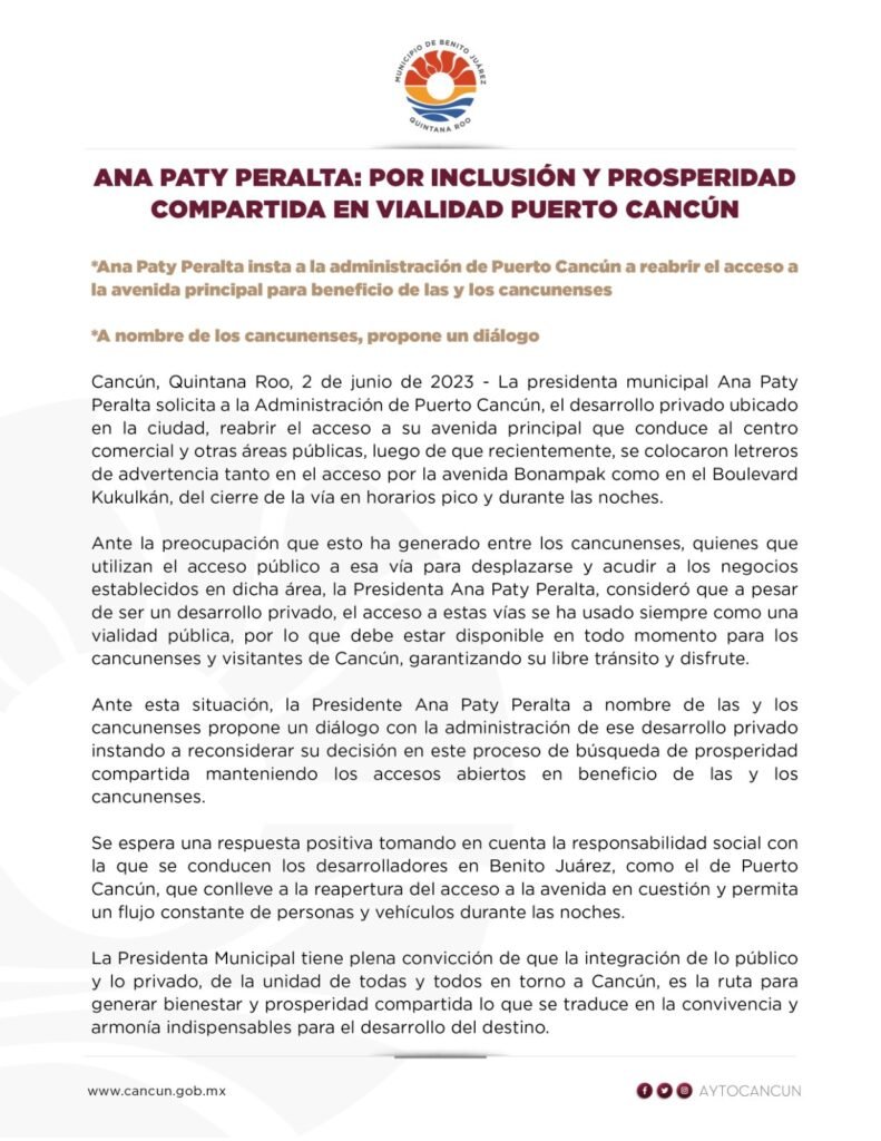 Por inclusión y prosperidad compartida en vialidad de Puerto Cancún: Ana Patricia Peralta