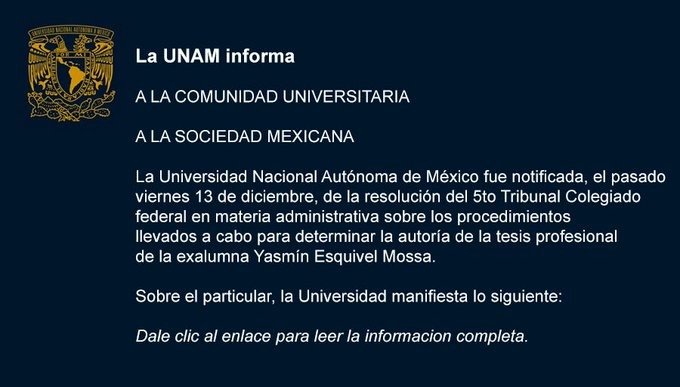 Reconoce UNAM la autoría de tesis de Yasmín Esquivel