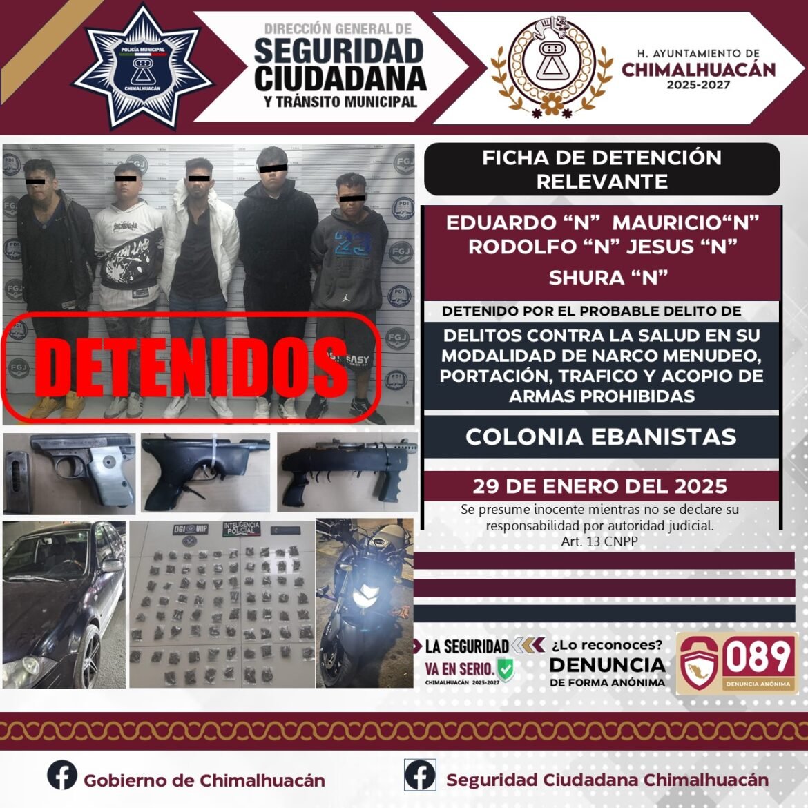 Detienen a cinco presuntos asaltantes en Chimalhuacán