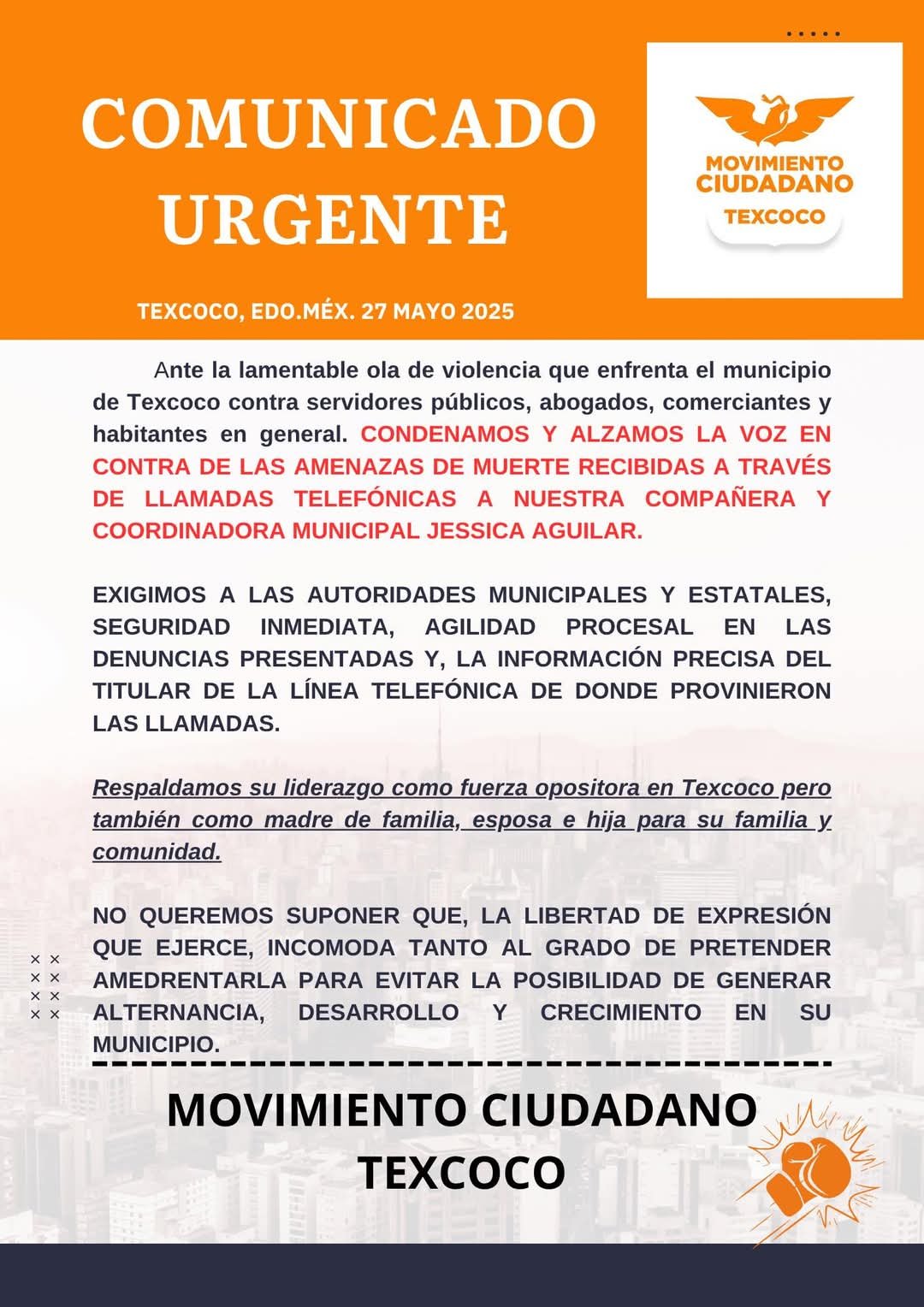 Amenazan de muerte a líder opositora en Texcoco; Movimiento Ciudadano exige garantías de seguridad