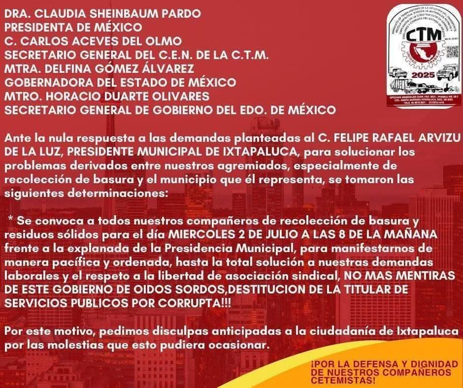 Recolectores de basura anuncian paro y protestas en Ixtapaluca; acusan corrupción y abandono del servicio