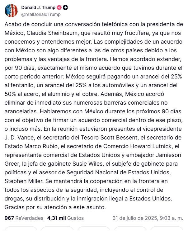 México y EU logran acuerdo sobre aumento de aranceles y buscan acuerdo comercial