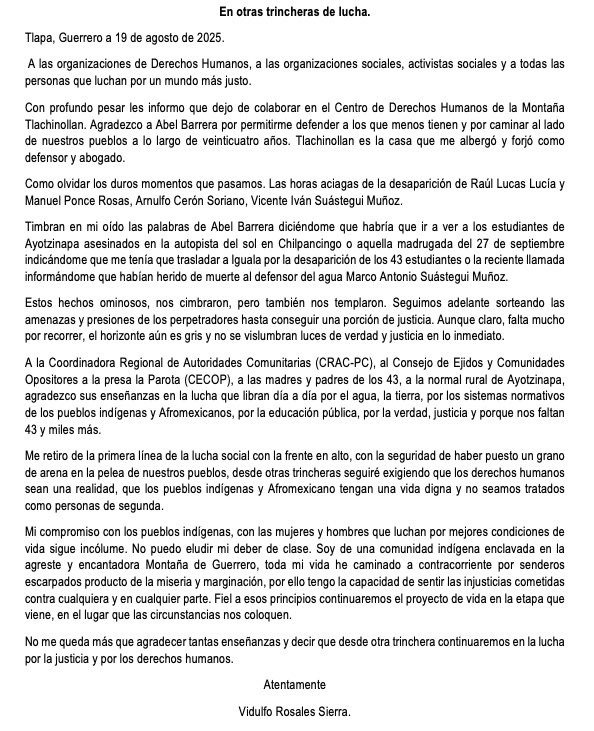 Renuncia Vidulfo Rosales como abogado de los familiares de los 43 normalistas de Ayotzinapa