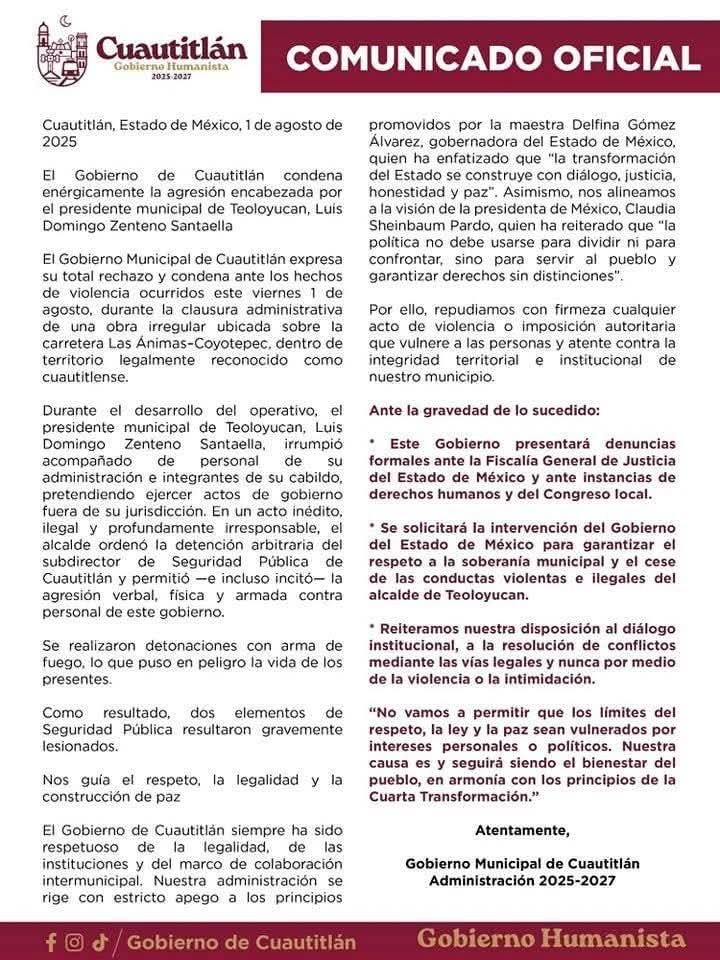 Gobierno de Cuautitlán denunciará agresión de alcalde de Teoloyucan
