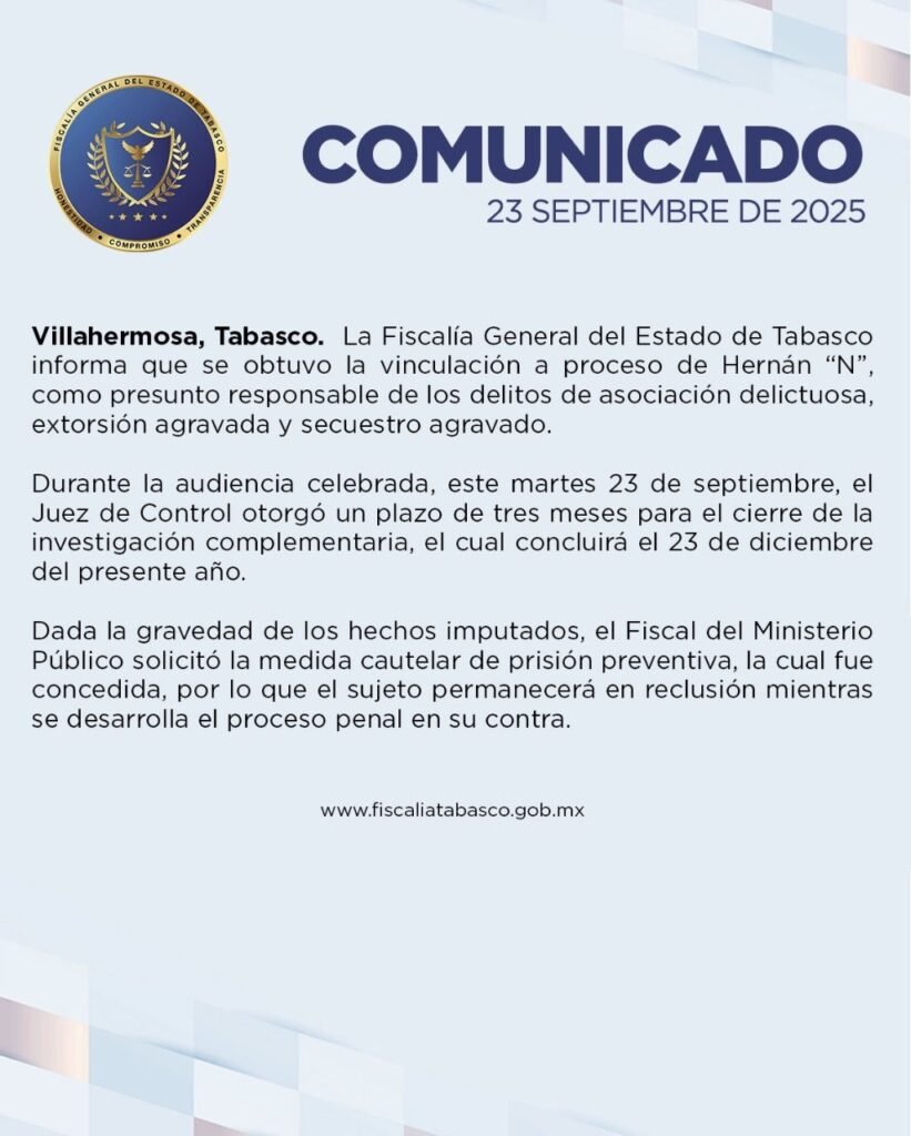 Vinculan a proceso a Hernán “N” por asociación delictuosa, extorsión y secuestro