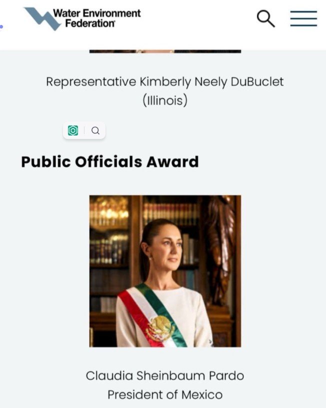 Water Environment Federation entrega el Premio a los Funcionarios Públicos a la Presidenta de México, Dra. Claudia Sheinbaum Pardo