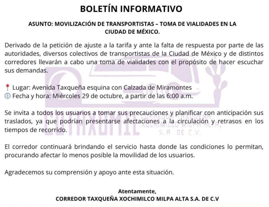 Transportistas anuncian nuevos bloqueos en CDMX este miércoles por incumplimientos del gobierno capitalino