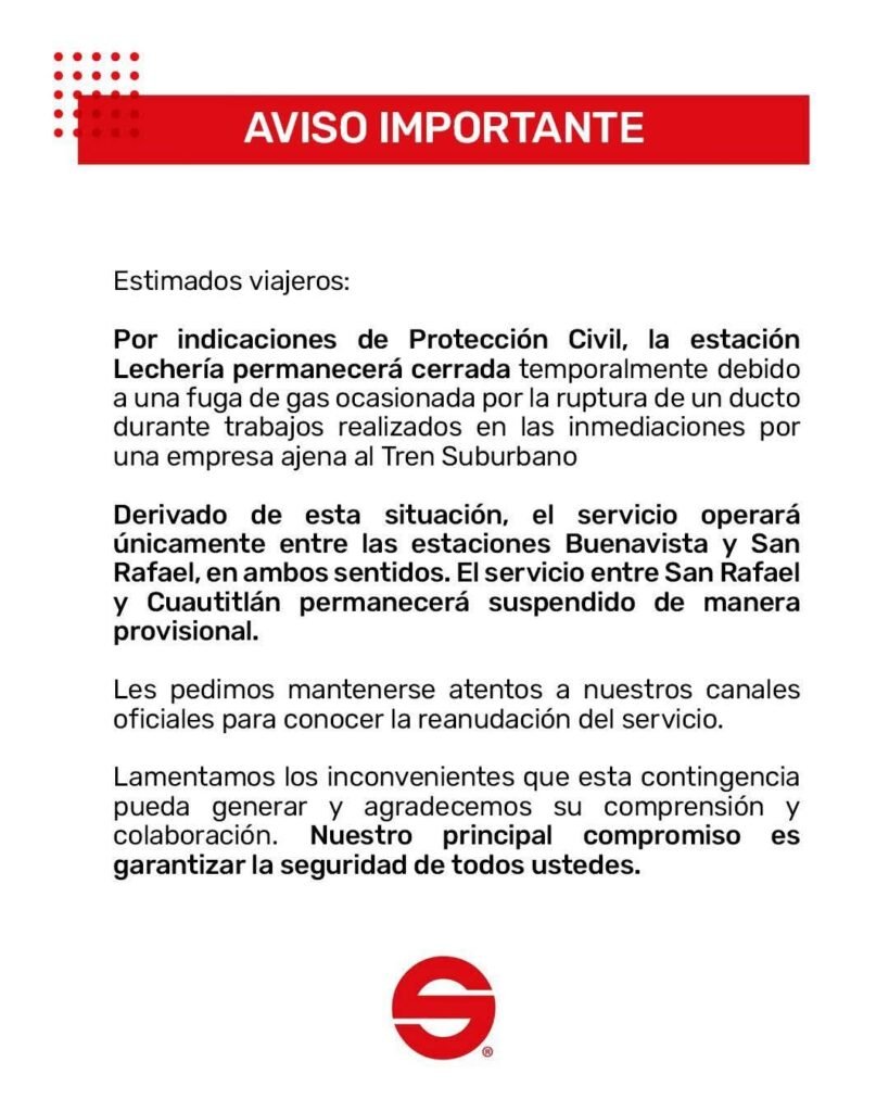 Suspenden servicio del Tren Suburbano por fuga de gas en estación Lechería