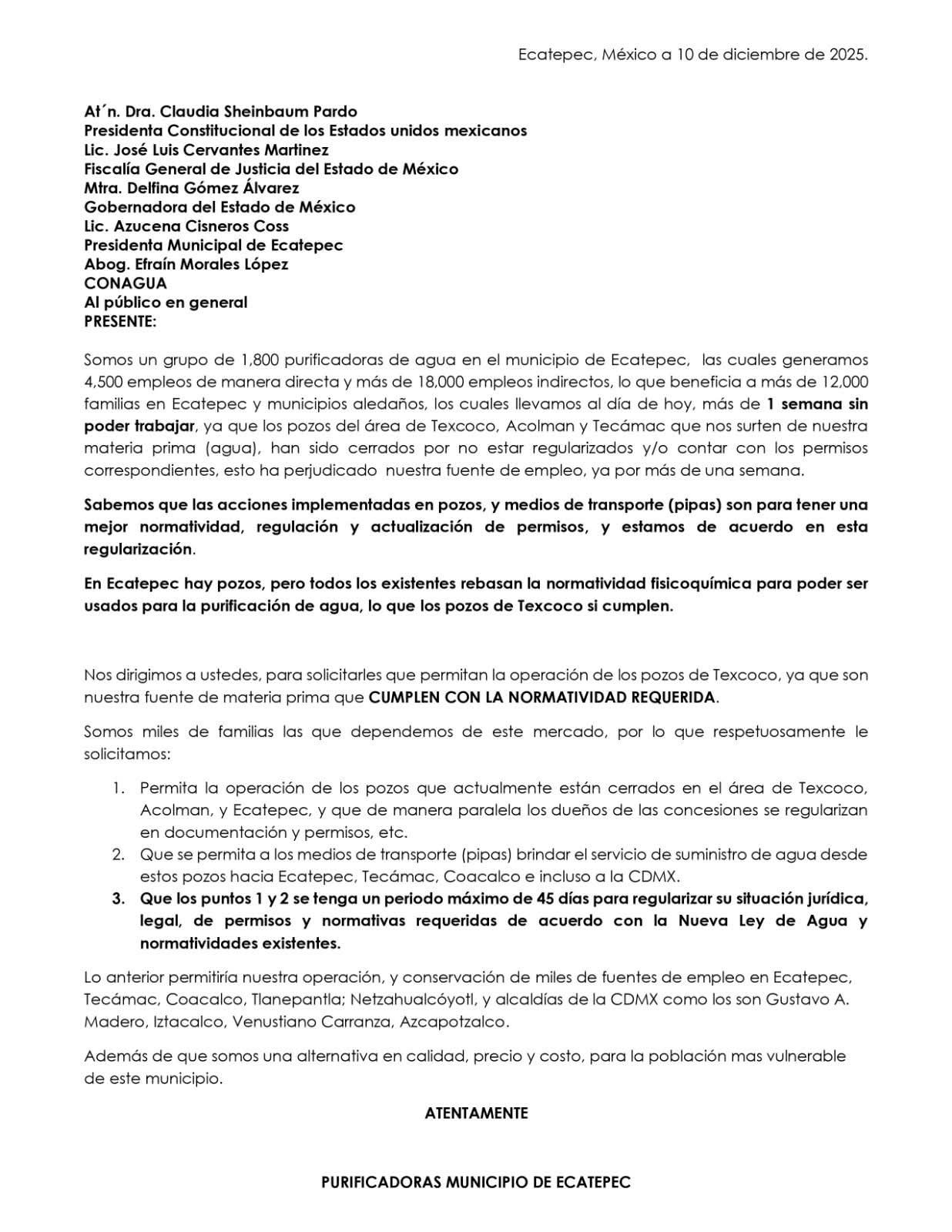 Purificadoras de Ecatepec piden reabrir pozos de Texcoco para evitar pérdida de empleos
