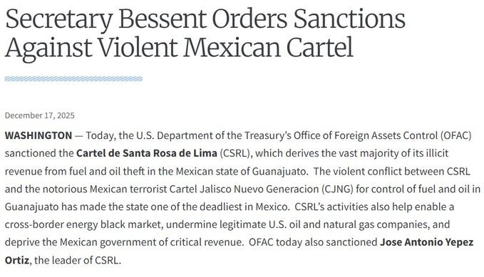 Sanciona Departamento del Tesoro de EU al Cartel de Santa Rosa de Lima