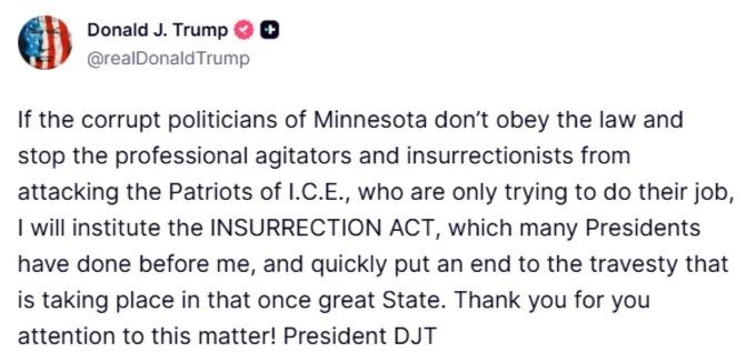 Trump amenaza con invocar Ley de Insurrección en Minnesota por ataques al ICE
