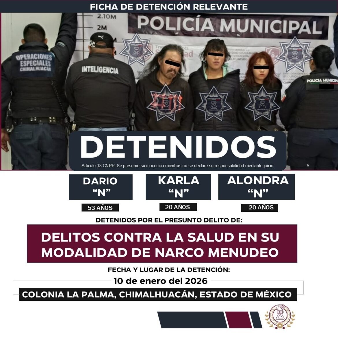 Detienen a tres por delitos contra la salud en Chimalhuacán; los vinculan con triple homicidio