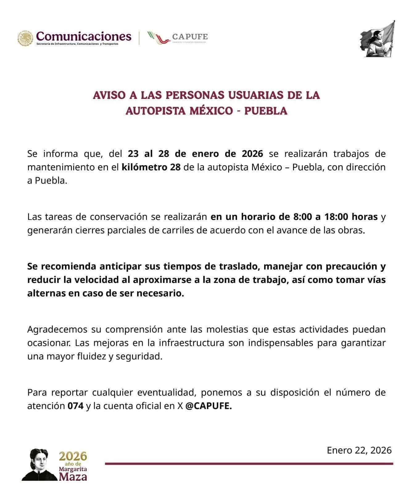 Trabajos de mantenimiento en la México-Puebla generarán cierres parciales
