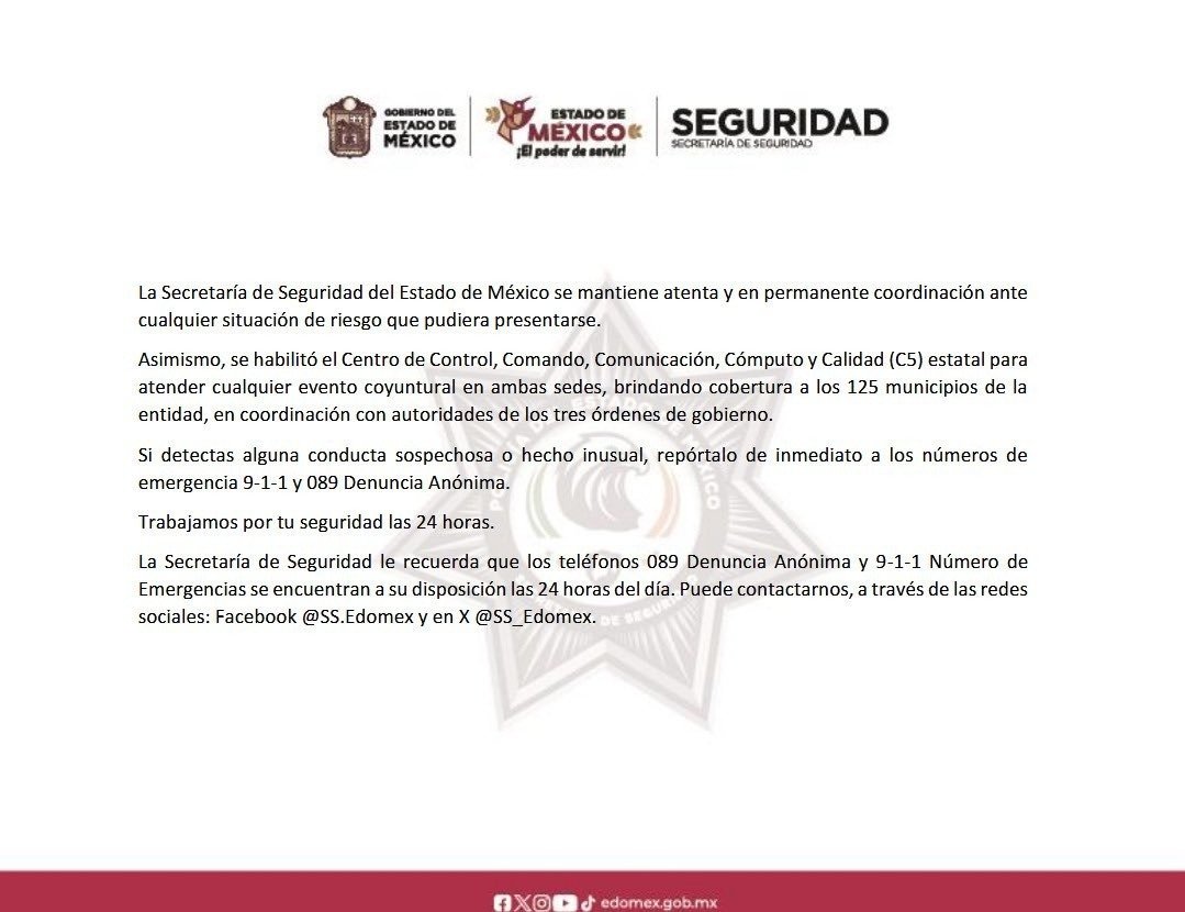 Pide Seguridad Edomex no generar psicosis por violencia en occidente del país