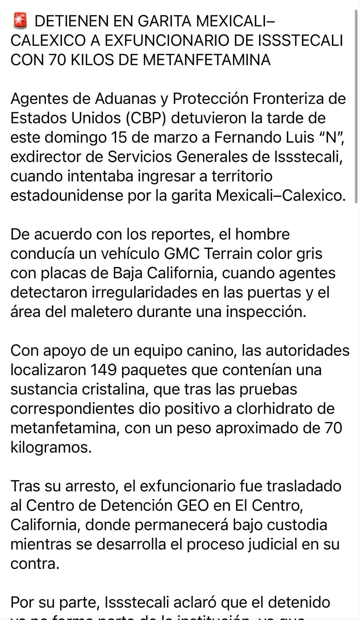 Capturan a ex directivo del ISSSTE por tratar de ingresar drogas