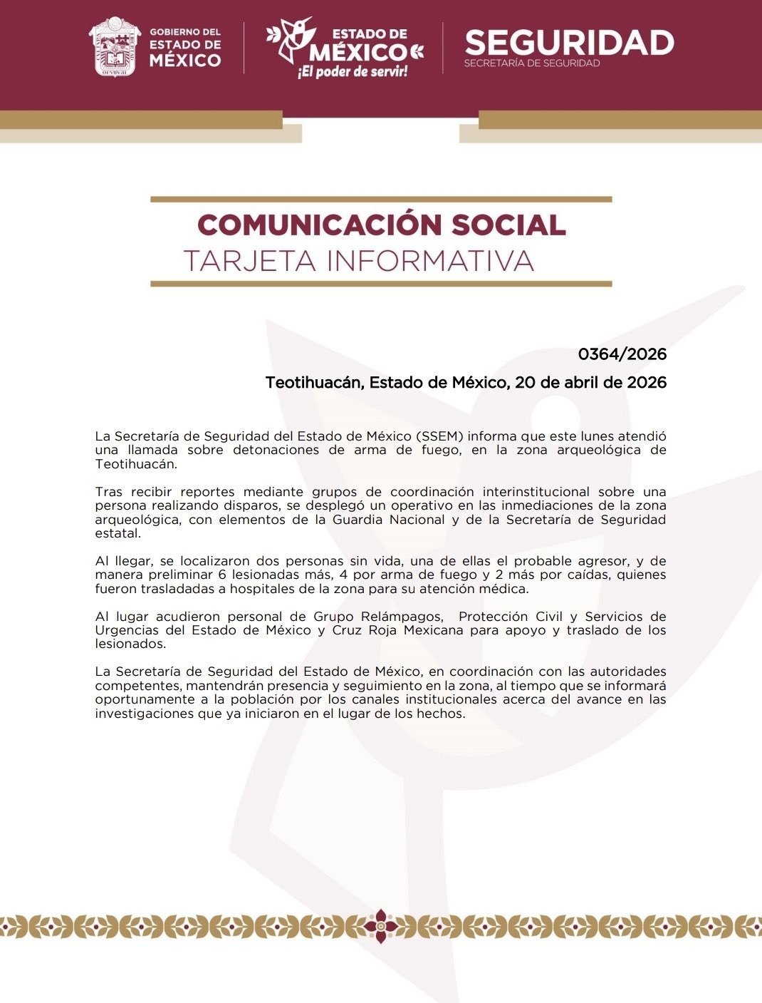 Confirman la SSEM dos muertos y lesionados tras balacera en Teotihuacán