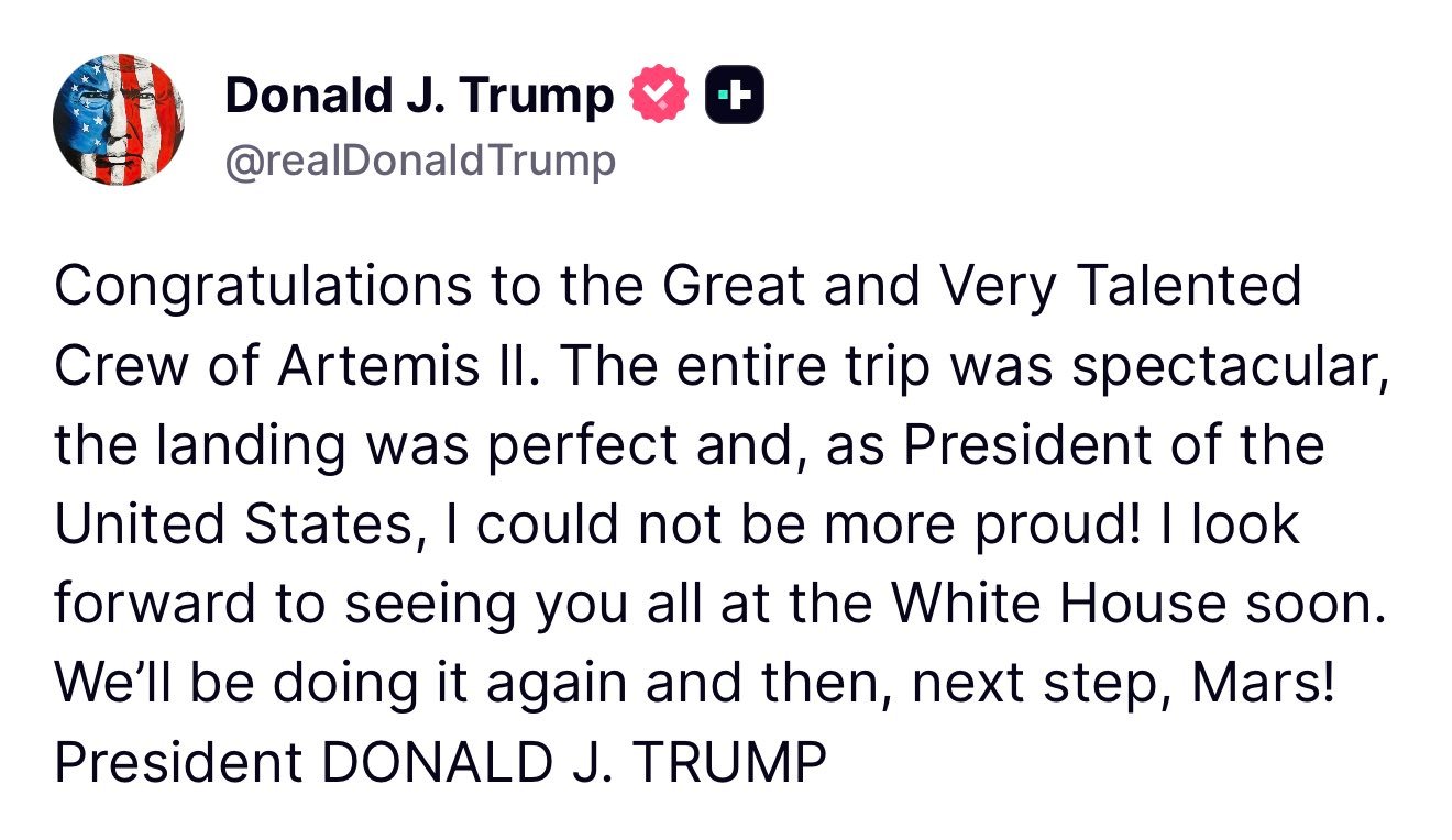 Nave Orión de la misión espacial Artemis II ameriza con éxito en el Océano Pacífico