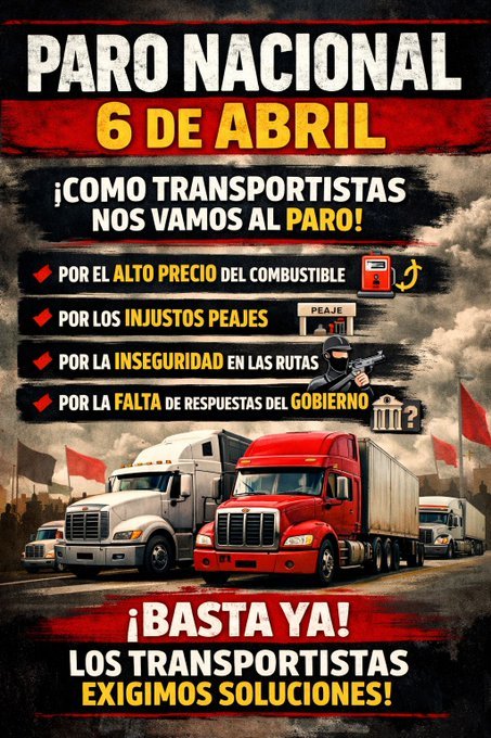 Transportistas anuncian paro nacional indefinido desde el 6 de abril