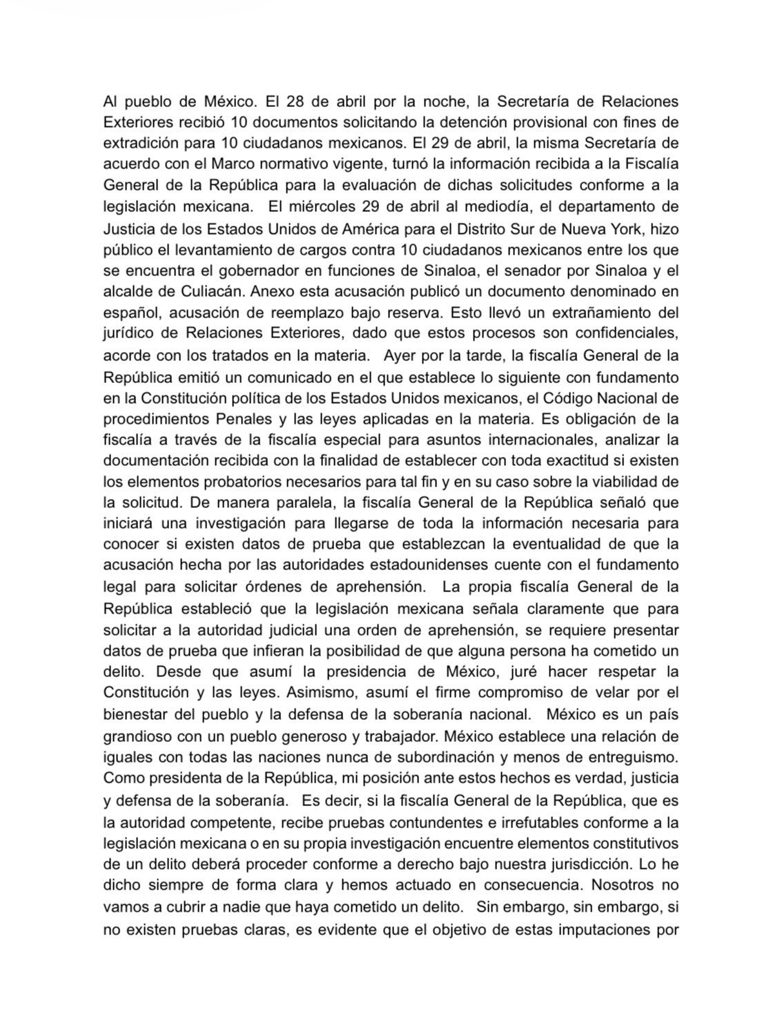 Presidenta Sheinbaum envía carta a EU por acusaciones contra Rocha Moya