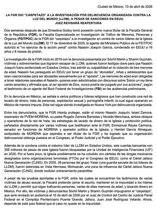 La FGR dio "carpetazo" a la investigación por delincuencia organizada contra la Luz del Mundo, a pesar de sanciones en EU; juez revisará reapertura