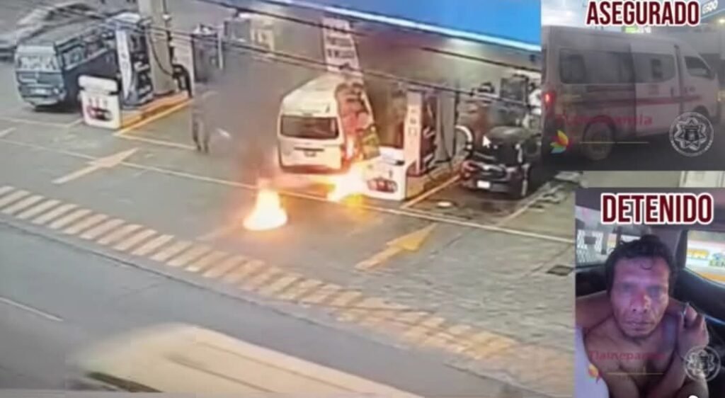 Detienen a hombre tras incendiar combi en gasolinera de Tlalnepantla