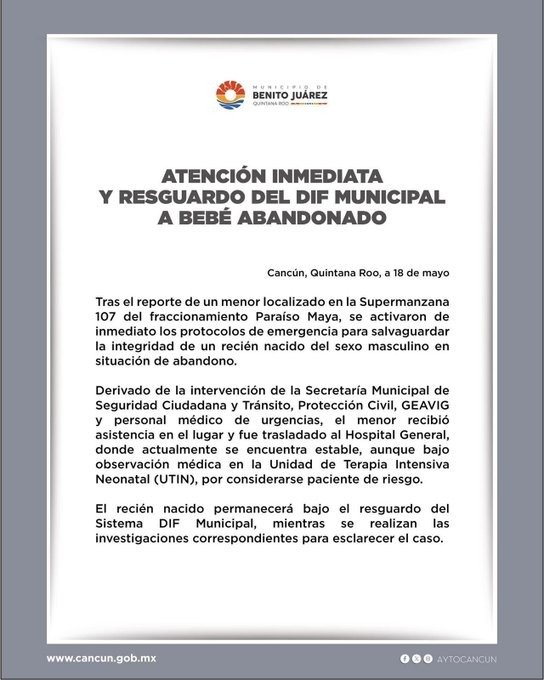 Atención inmediata y resguardo del DIF municipal a bebé abandonado en Paraíso Maya