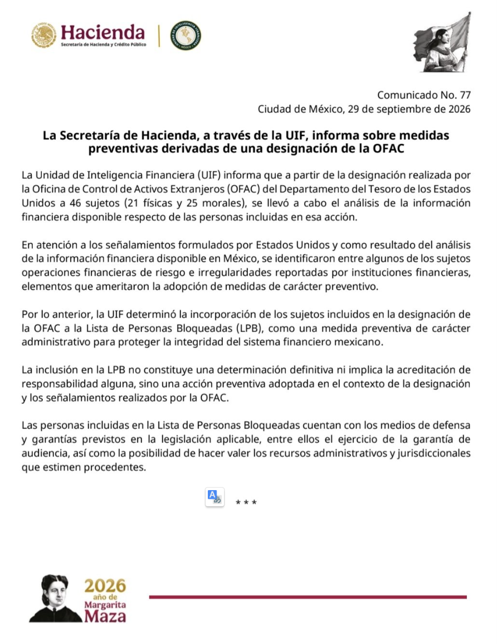 Hacienda anuncia bloqueo de cuentas a personas y empresas involucradas con investigación del Departamento del Tesoro de EU: 
